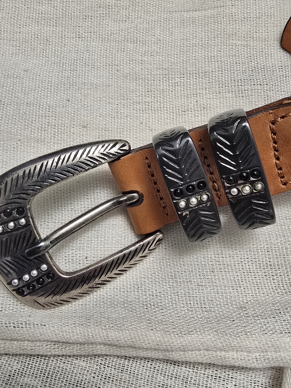 Tommy Bahama Womens Tan Braided Leather Belt with Decorative Silver Buckle